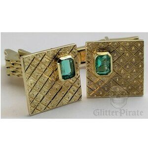 18k Gold Colombian Emerald Cufflinks | Vintage Hand-Engraved Glitter Pirate Art